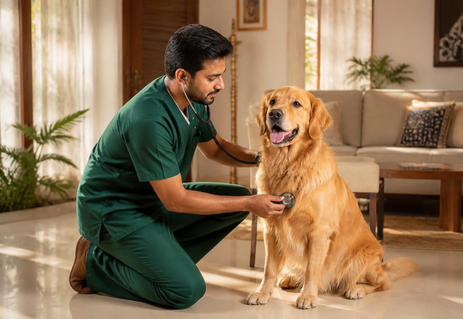 Vetora veterinarian examining a dog during a home visit in Lahore